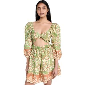Love The Label Elisa Paisley 3/4 Puff Sleeve Cutout Mini Dress Gabby Green Sz M